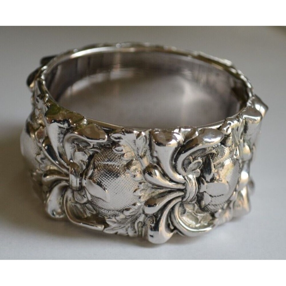 Vtg Whiting Davis Silver Floral Repousse Clamper Statement Bracelet Fleur De Lis